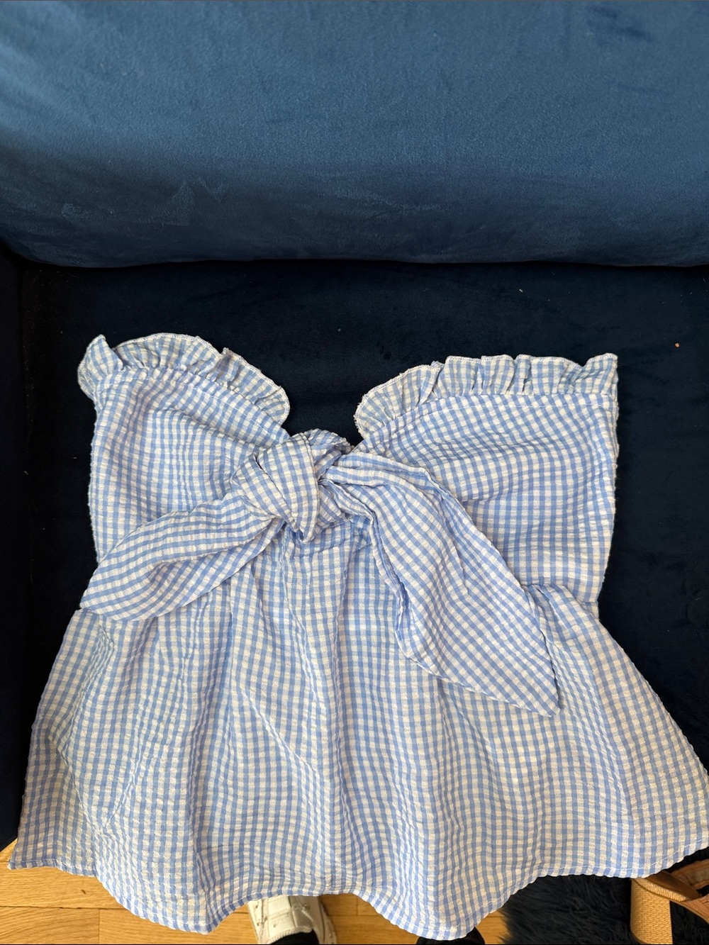 SHEIN Blue and White Gingham Strapless Tie-Front Top